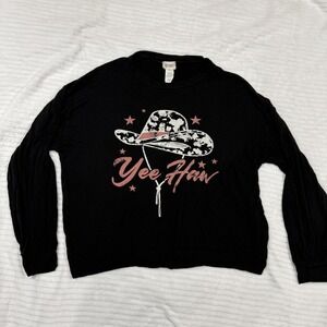 Bibi Yee Haw Cowboy Hat Graphic Long Sleeve Top Black Pink Western Large
